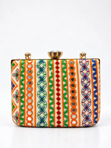 Multicolor Satrang casket clutch bag by THE TAN CLAN featuring vibrant hues and intricate design details.
