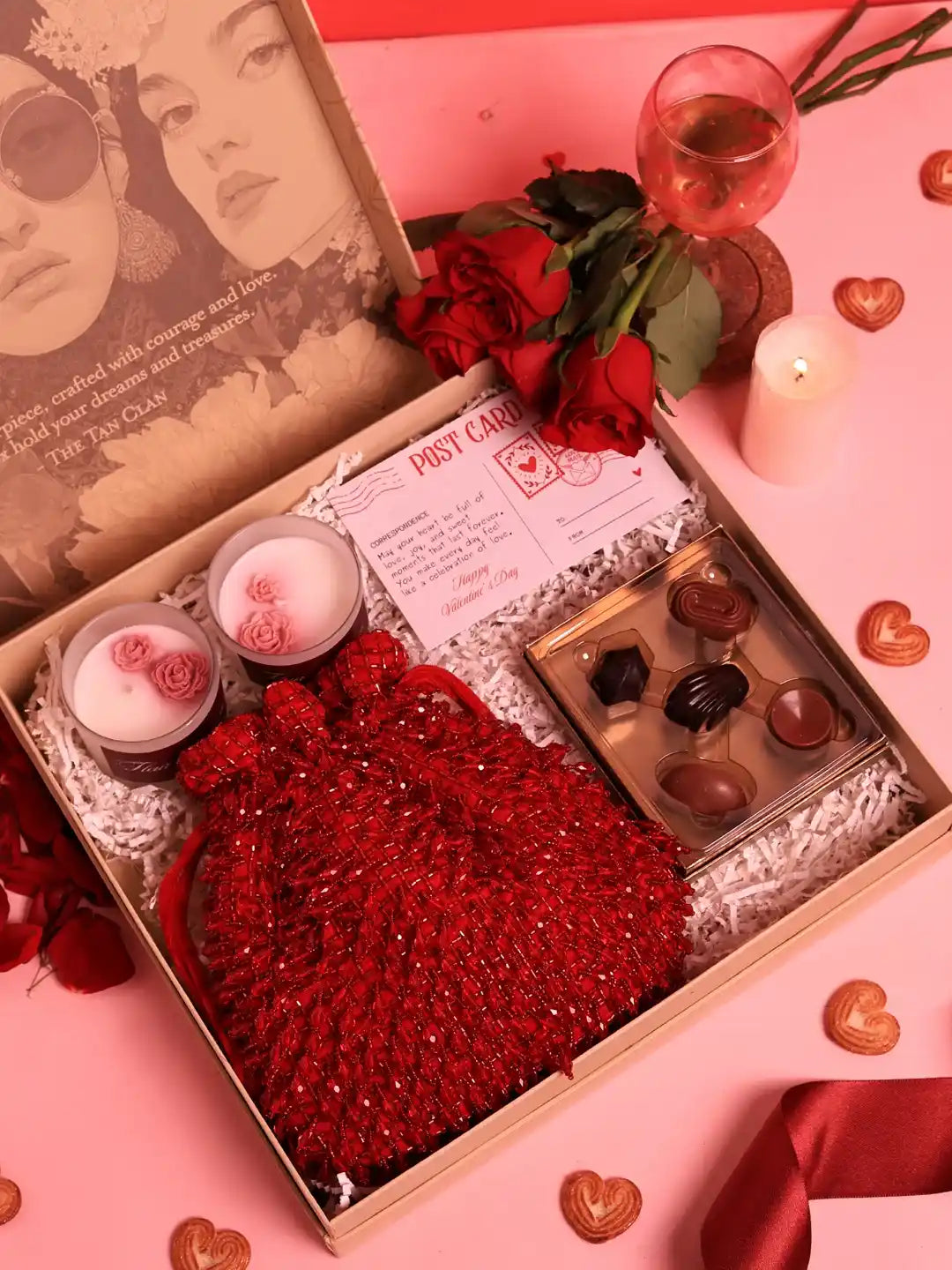 Sweet-Candle Gift Set - Rosa Potli with Candle & Chocolate (Set of 3)