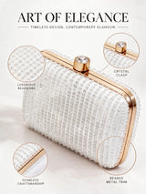 Silver embroidered box clutch by THE TAN CLAN with intricate Glitty detailing and a sleek, elegant design.