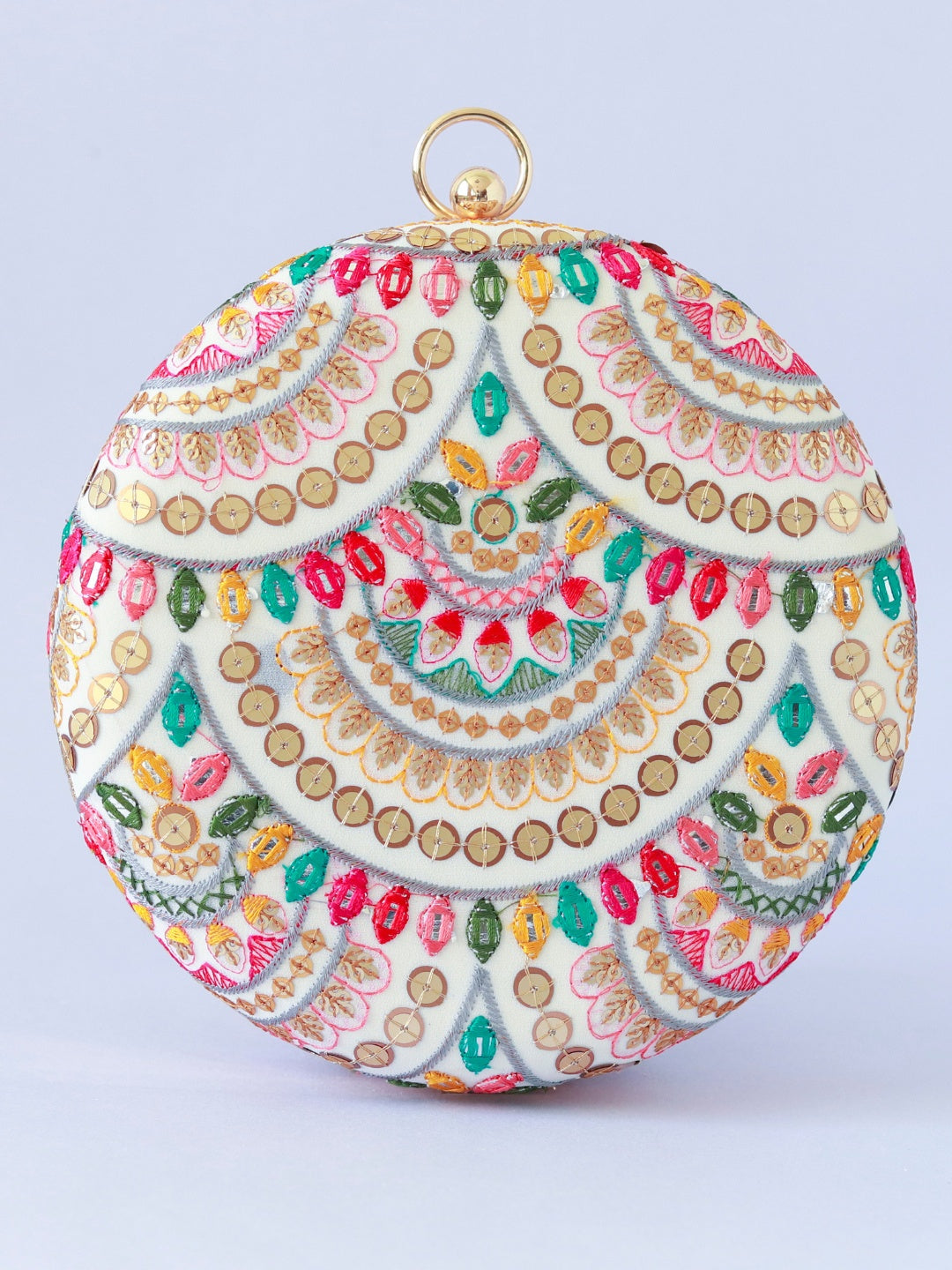 Multicolour embroidered clutch bag by The Tan Clan featuring intricate embroidery and a compact design for elegant occasions.