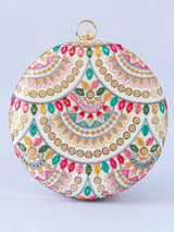Multicolour embroidered clutch bag by The Tan Clan featuring intricate embroidery and a compact design for elegant occasions.