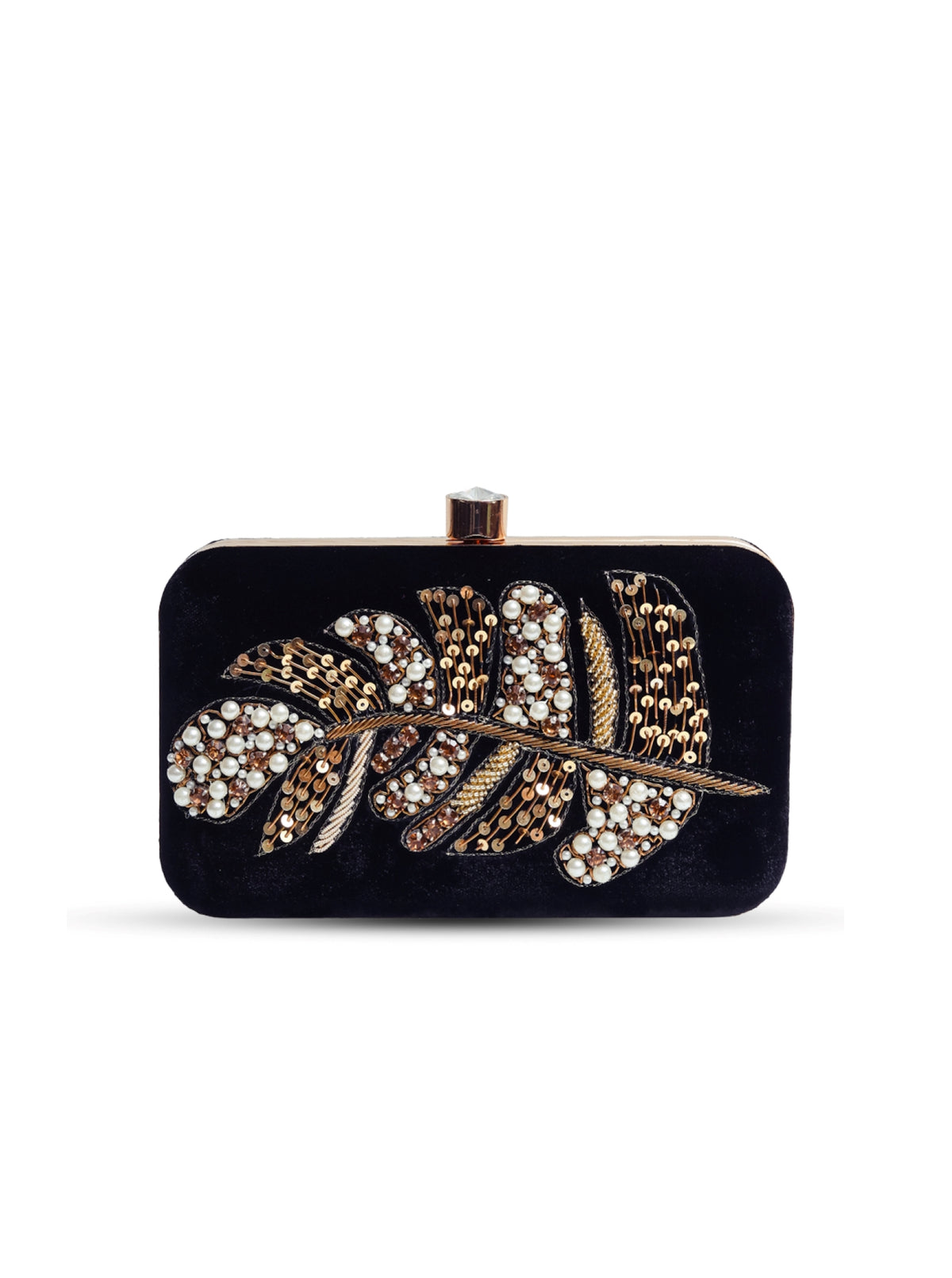 Afrah hand embroidered leaf clutch by The Tan Clan featuring intricate leaf designs and colorful embroidery on fabric.