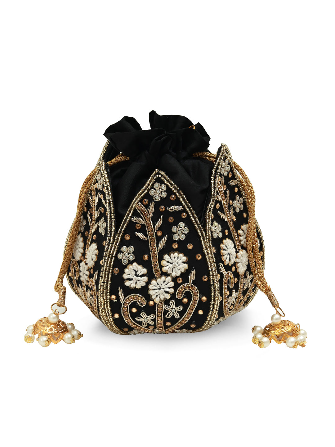 Black Lotus Potli bag from The Tan Clan, traditional embroidered Indian potli purse with tassels and intricate design.
