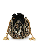 Black Lotus Potli bag from The Tan Clan, traditional embroidered Indian potli purse with tassels and intricate design.