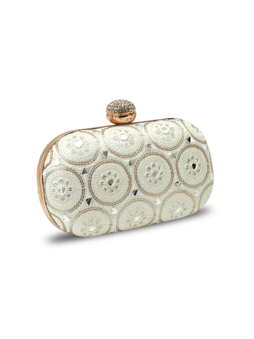 Inaara white oval clutch by The Tan Clan with sleek design and silver clasp, showcasing elegant evening handbag style.