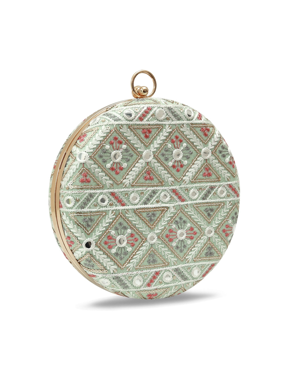 Ariba green round clutch by The Tan Clan featuring textured material and a circular shape, perfect for evening accessories.