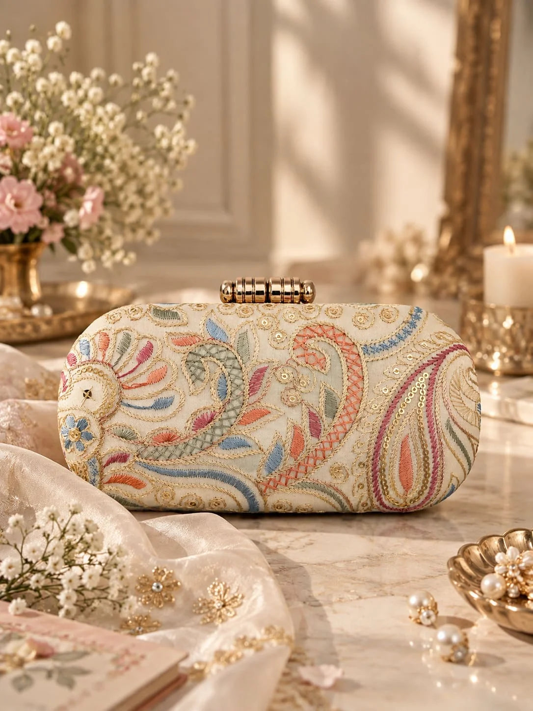 Elegant Kalki long embroidered clutch by THE TAN CLAN featuring intricate embroidery and a sleek, stylish design.