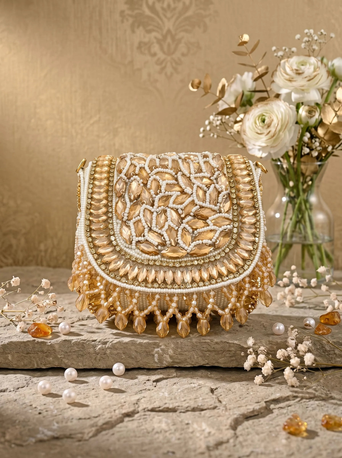 Zeenat Gold Beaded Mini Flap bag by THE TAN CLAN with intricate beadwork and compact design, showcasing its elegant mini size.