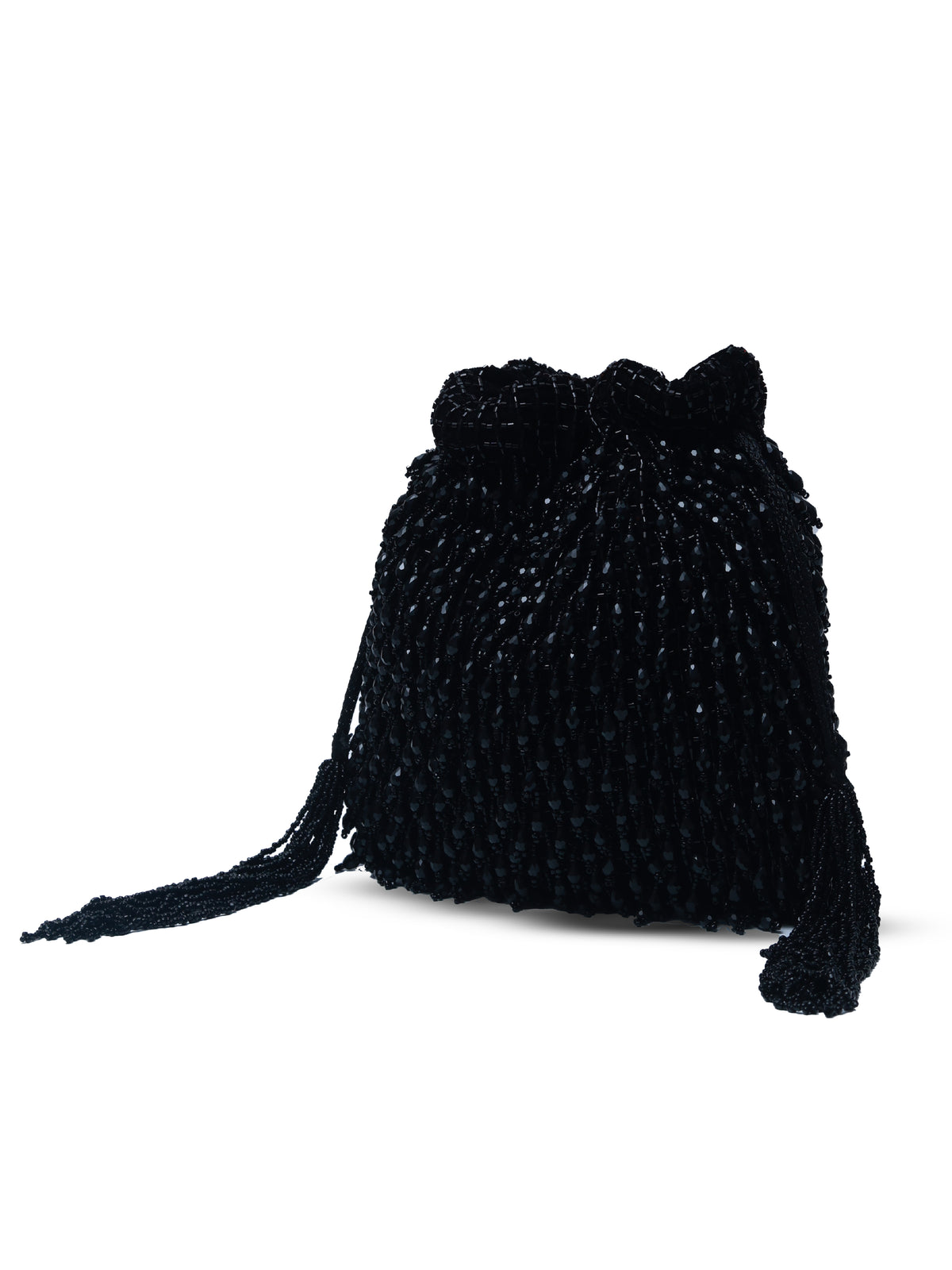 Black Rosa Potli Bag with handle by The Tan Clan, featuring traditional design and decorative tassels.