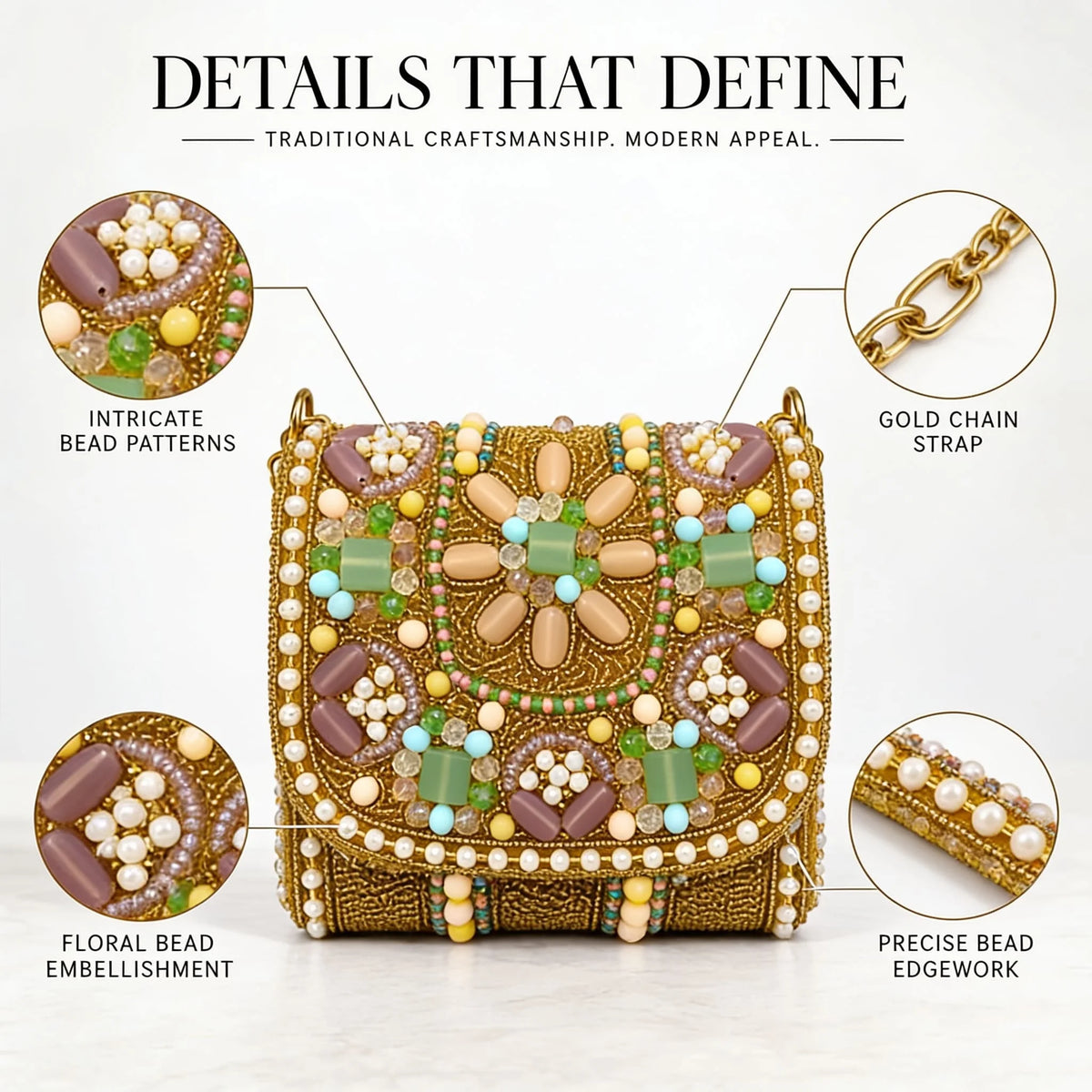 Gold hand-embroidered mini flap bag with intricate embroidery, crafted by THE TAN CLAN, featuring a compact and stylish design.