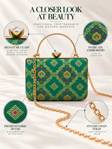 Light green Mahi casket clutch bag by THE TAN CLAN with gold-tone clasp and sleek design, perfect for elegant occasions.