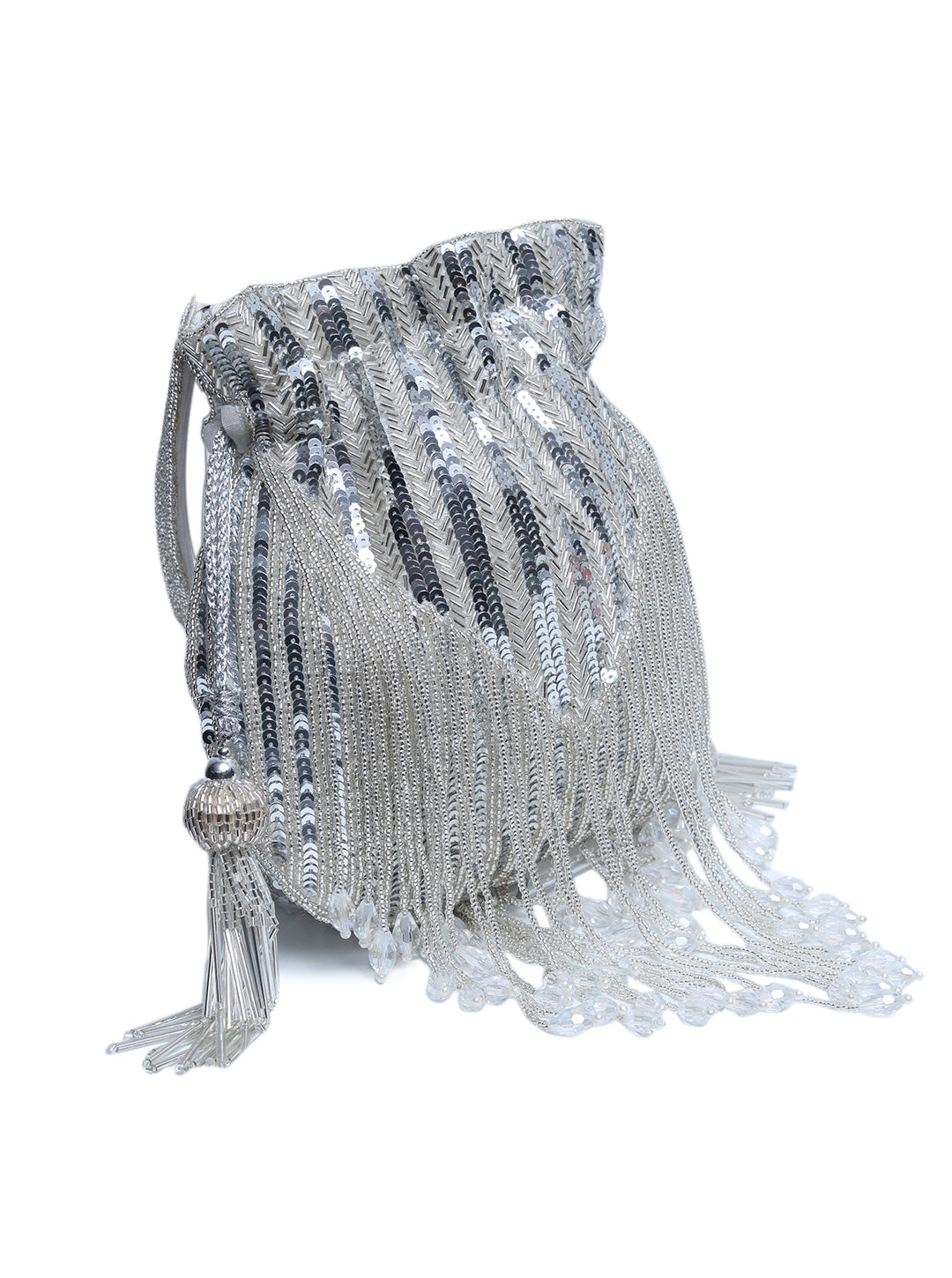 Silver Twinkle Heavy Tassels Potli bag with handle by The Tan Clan, featuring intricate embroidery and decorative tassels.