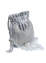 Silver Twinkle Heavy Tassels Potli bag with handle by The Tan Clan, featuring intricate embroidery and decorative tassels.