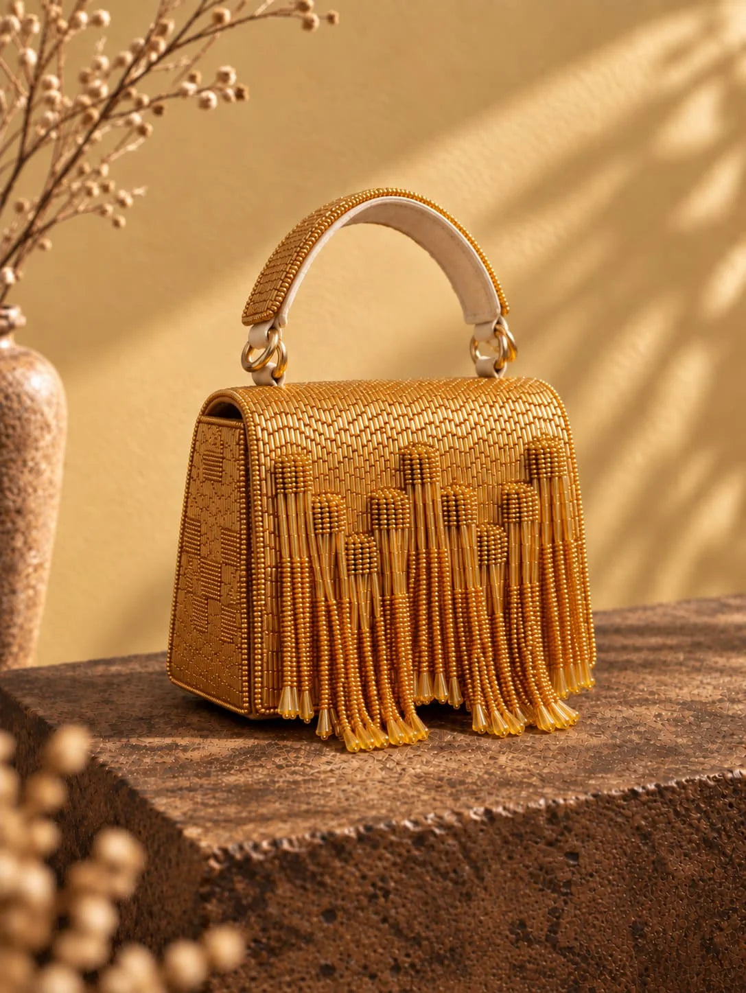 Maria Gold Handcrafted Beaded Tasselled Bag by THE TAN CLAN, featuring intricate beadwork, tassels, and a stylish design.