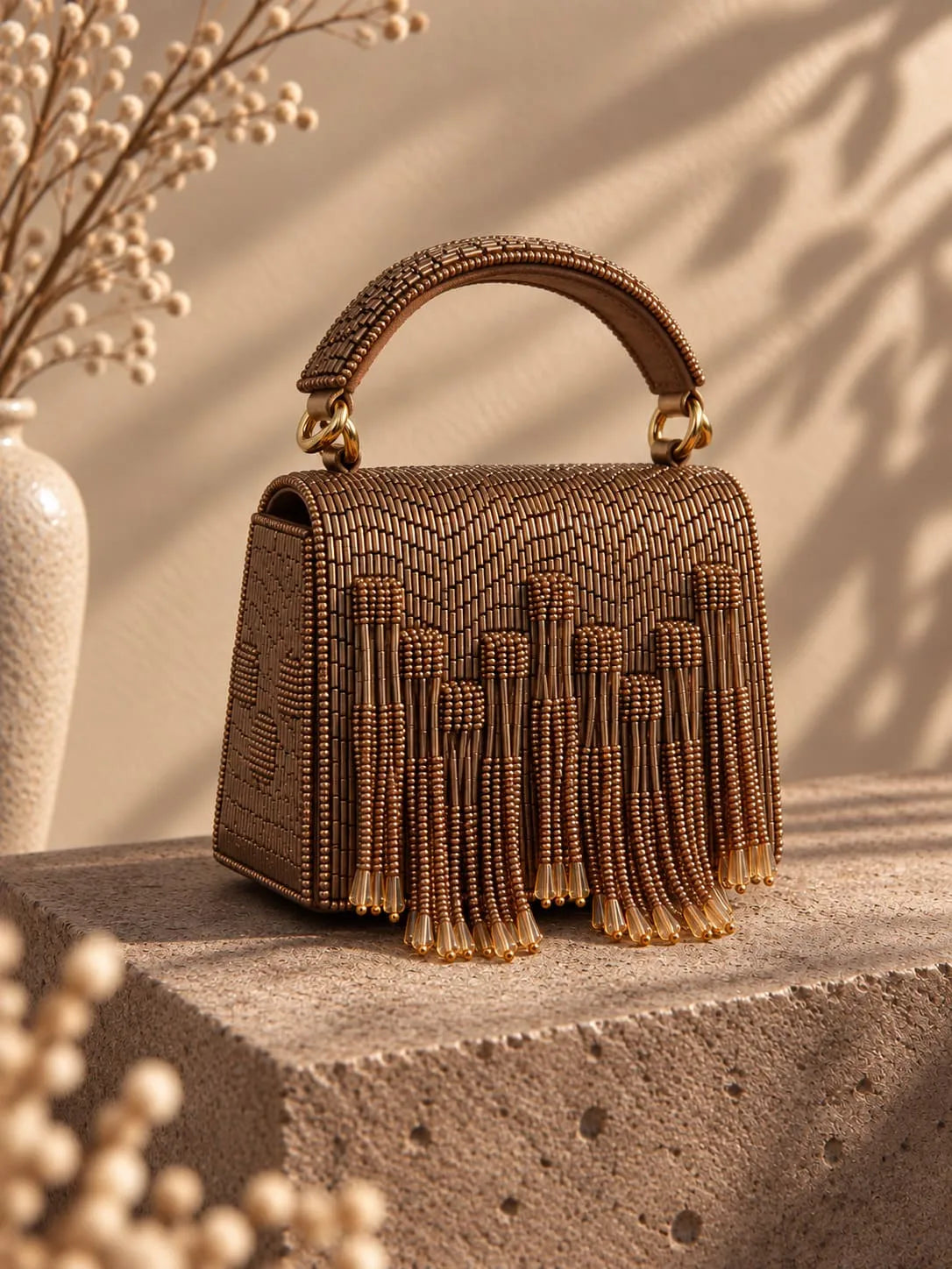 Maria Bronze handcrafted beaded tasselled bag by THE TAN CLAN, featuring intricate beadwork and a stylish tassel detail.