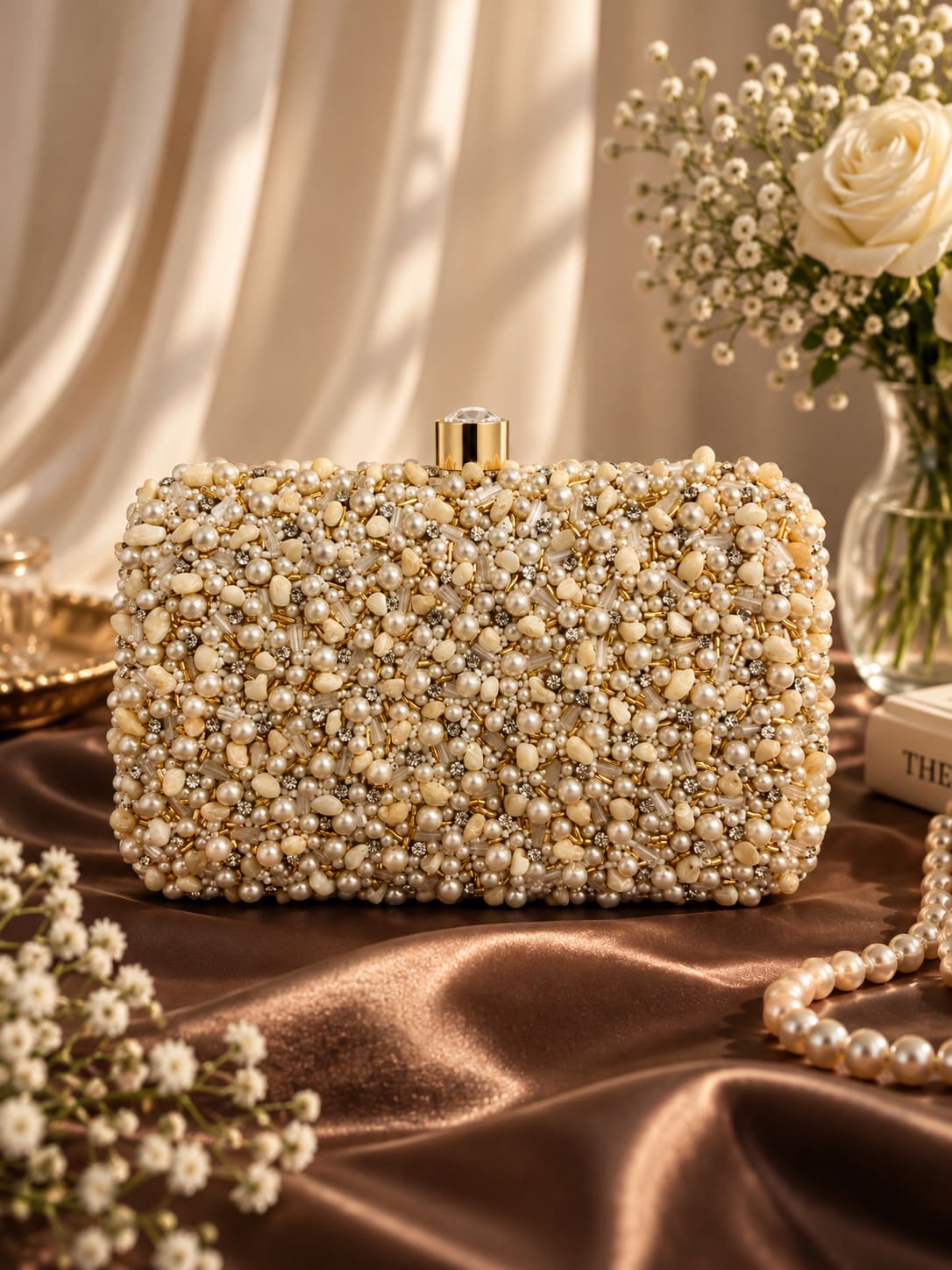 Kate Pearl Box Clutch by THE TAN CLAN featuring a sleek pearl finish and elegant box design for evening occasions.