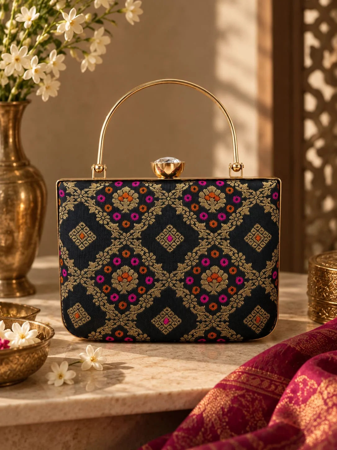 Black Mahi casket clutch bag by THE TAN CLAN with sleek design and compact size, perfect for elegant occasions.