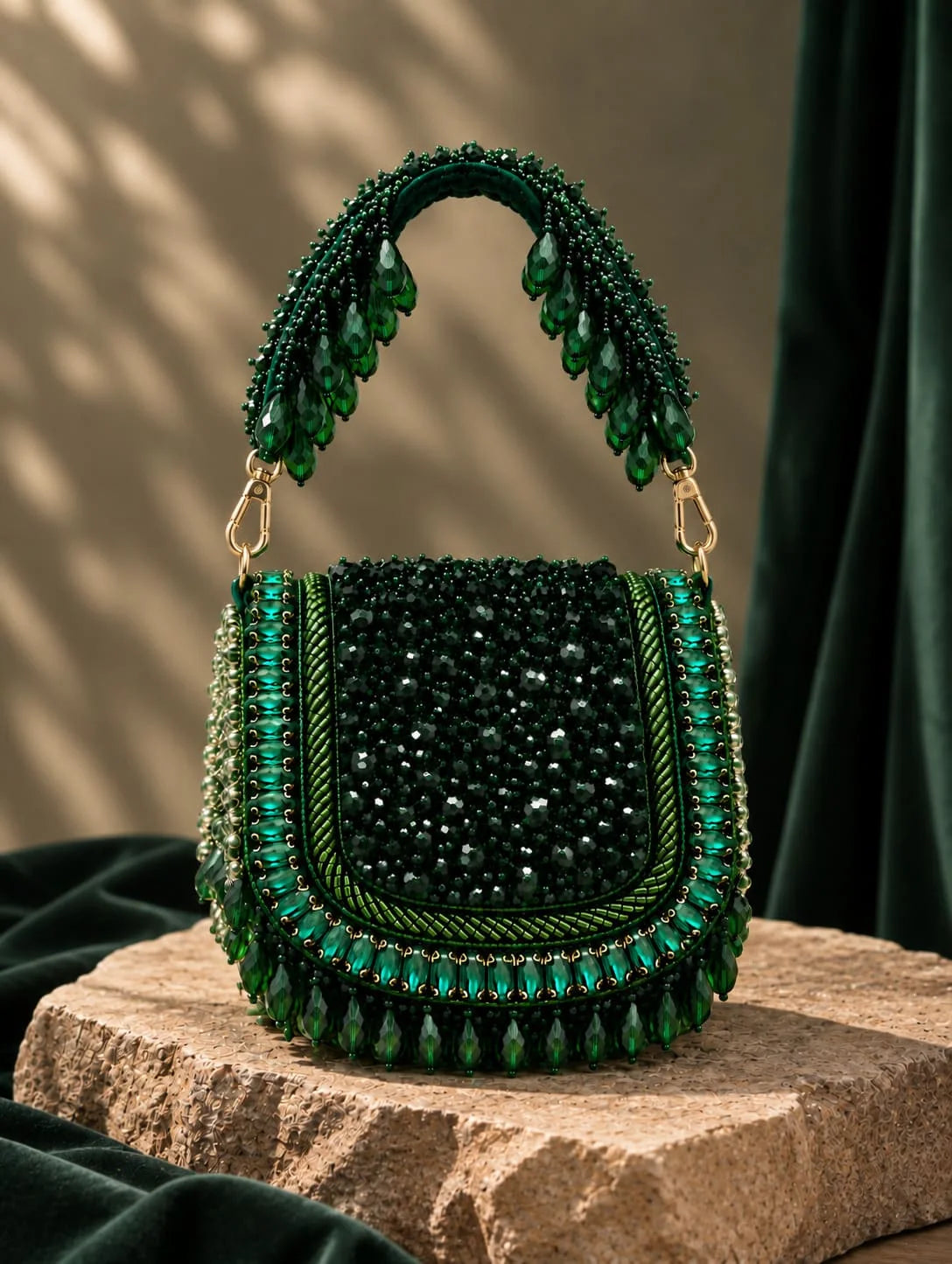 Zeenat green beaded mini flap bag by THE TAN CLAN with intricate beadwork and compact design, perfect for stylish accessories.