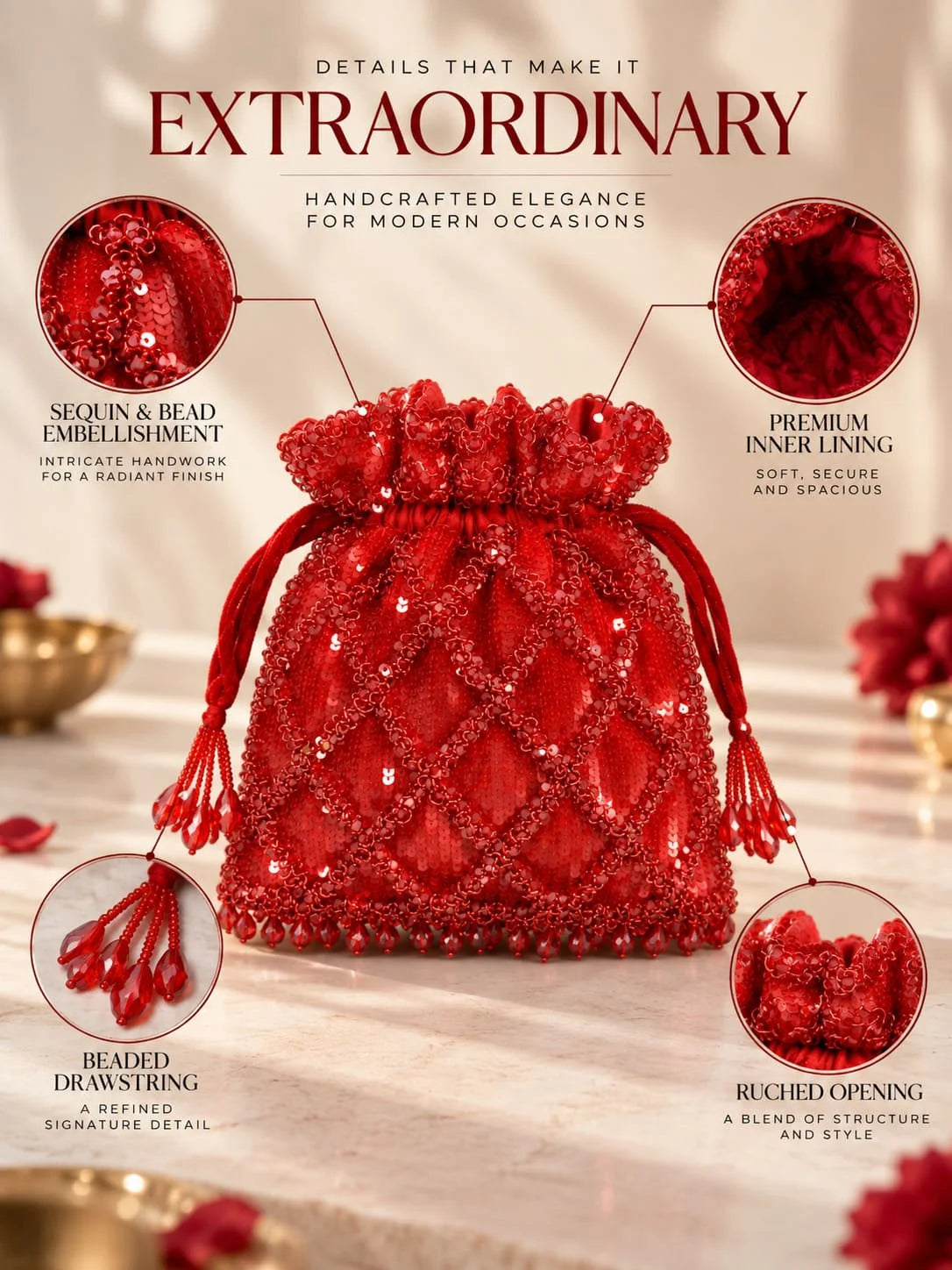 Red sequined tasselled potli bag from THE TAN CLAN, featuring intricate embroidery and decorative tassels.