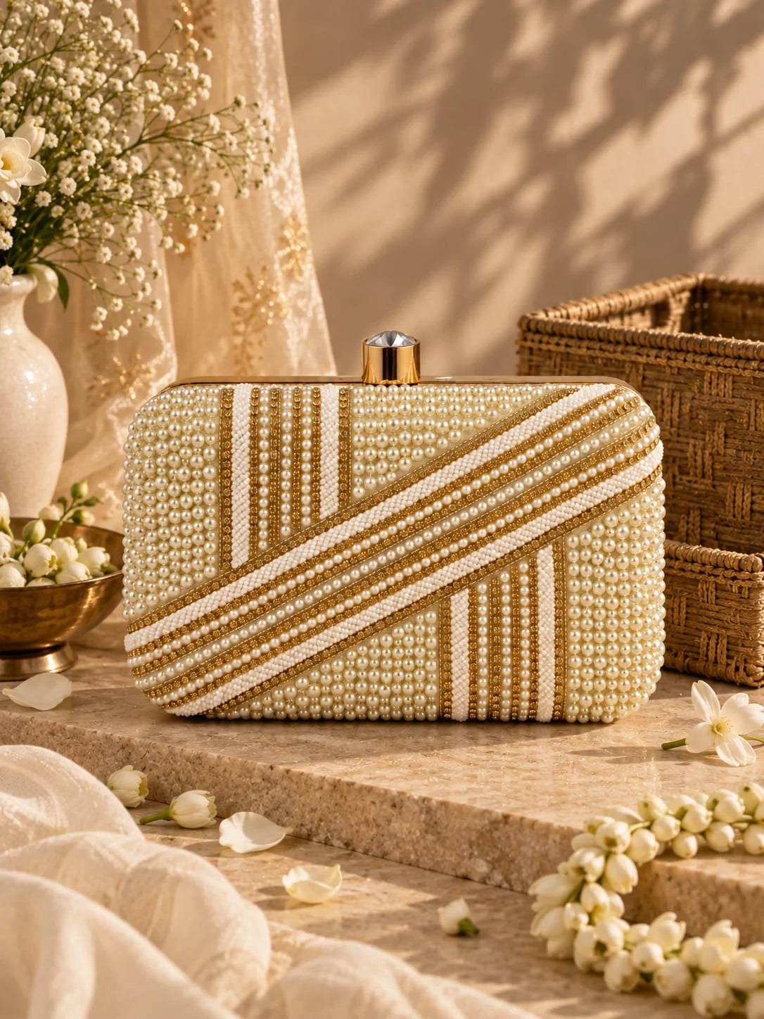 Zara Pearl Box Clutch by THE TAN CLAN featuring a sleek square shape with pearl embellishments and a metallic clasp closure.