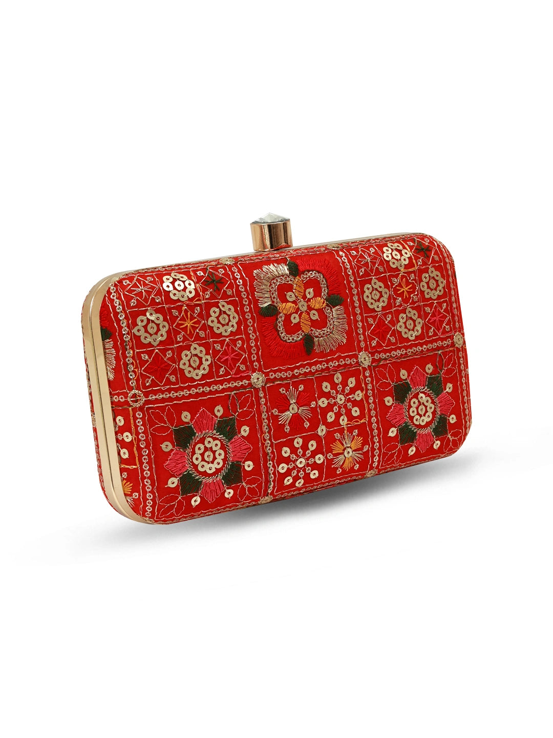 Red Elora Box Clutch by The Tan Clan, featuring a sleek rectangular design with a gold clasp and elegant detailing.