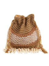 The Tan Clan Dua Gold Pearl Potli Bag with shimmering pearl embellishments and drawstring closure