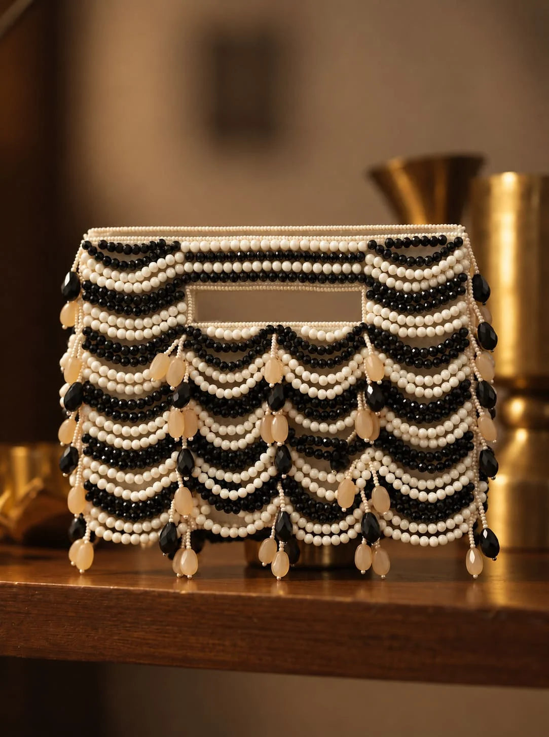 Multicolor handcrafted beaded bag by THE TAN CLAN with intricate beadwork and vibrant design, featuring a compact size and stylish strap.
