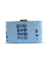 Coral sleek blue clutch bag by The Tan Clan, featuring a smooth surface and compact design for stylish occasions.