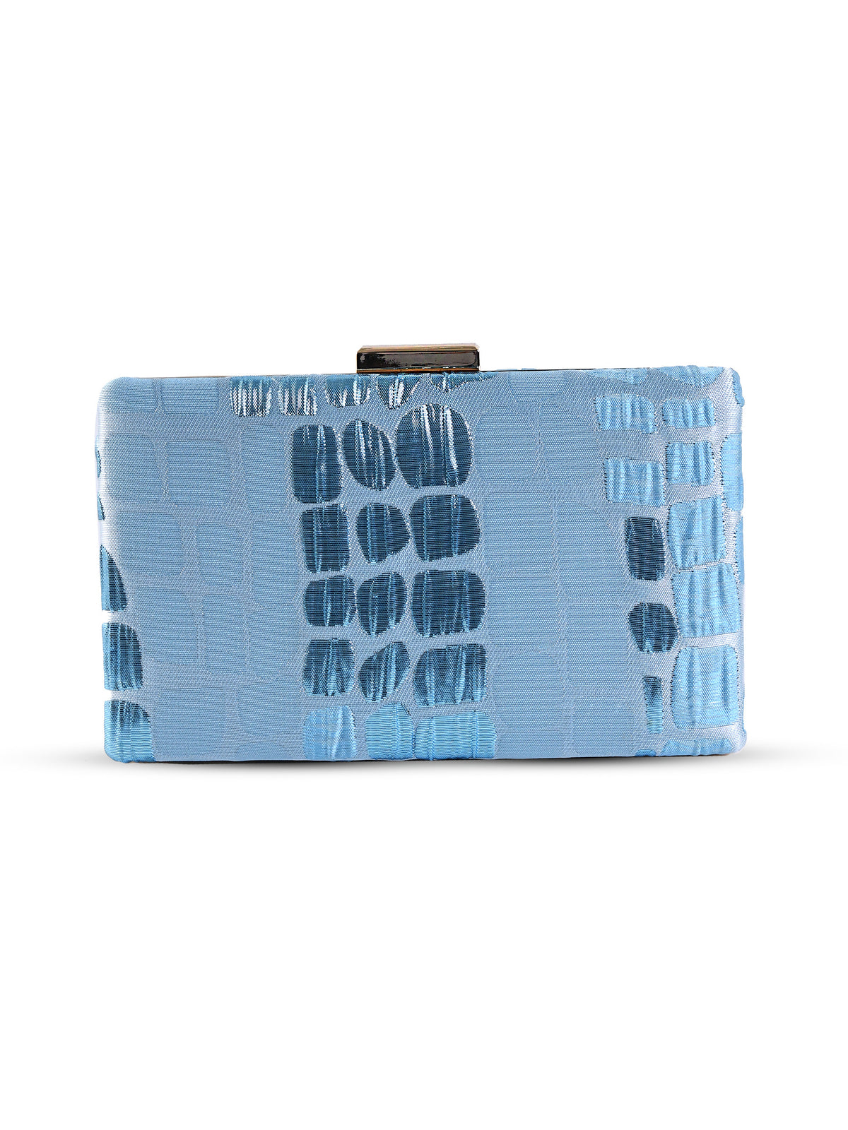Coral sleek blue clutch bag by The Tan Clan, featuring a smooth surface and compact design for stylish occasions.