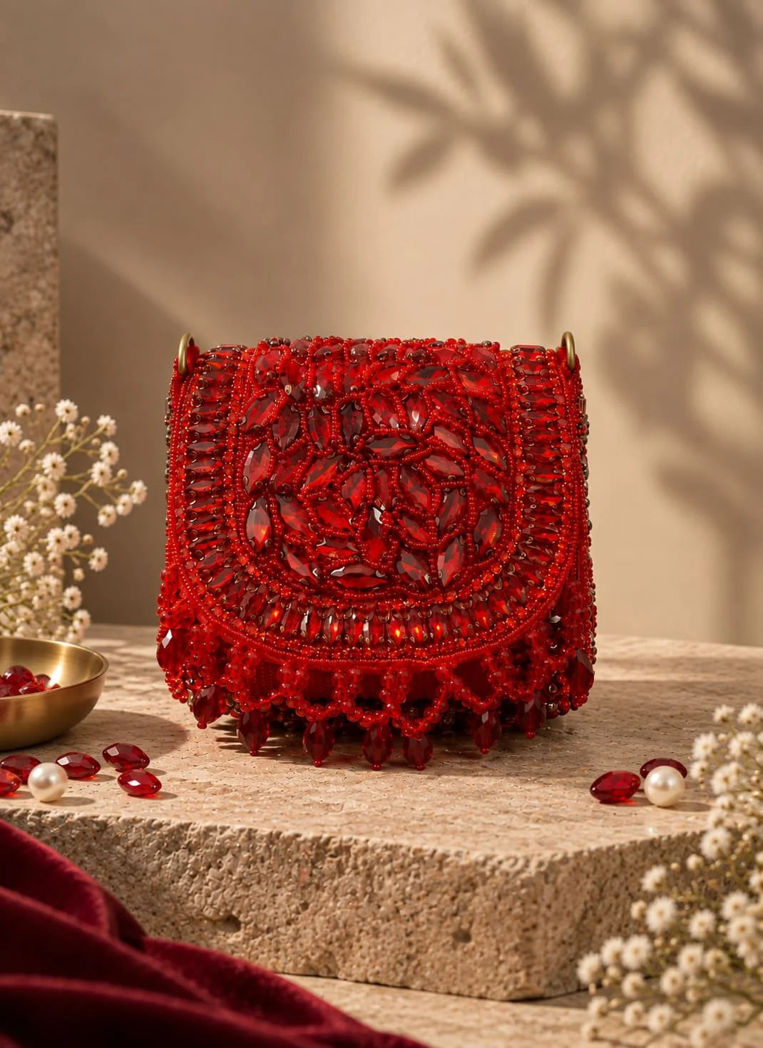 Red beaded mini flap bag from THE TAN CLAN with intricate beadwork and a compact design, featuring a flap closure and decorative details.