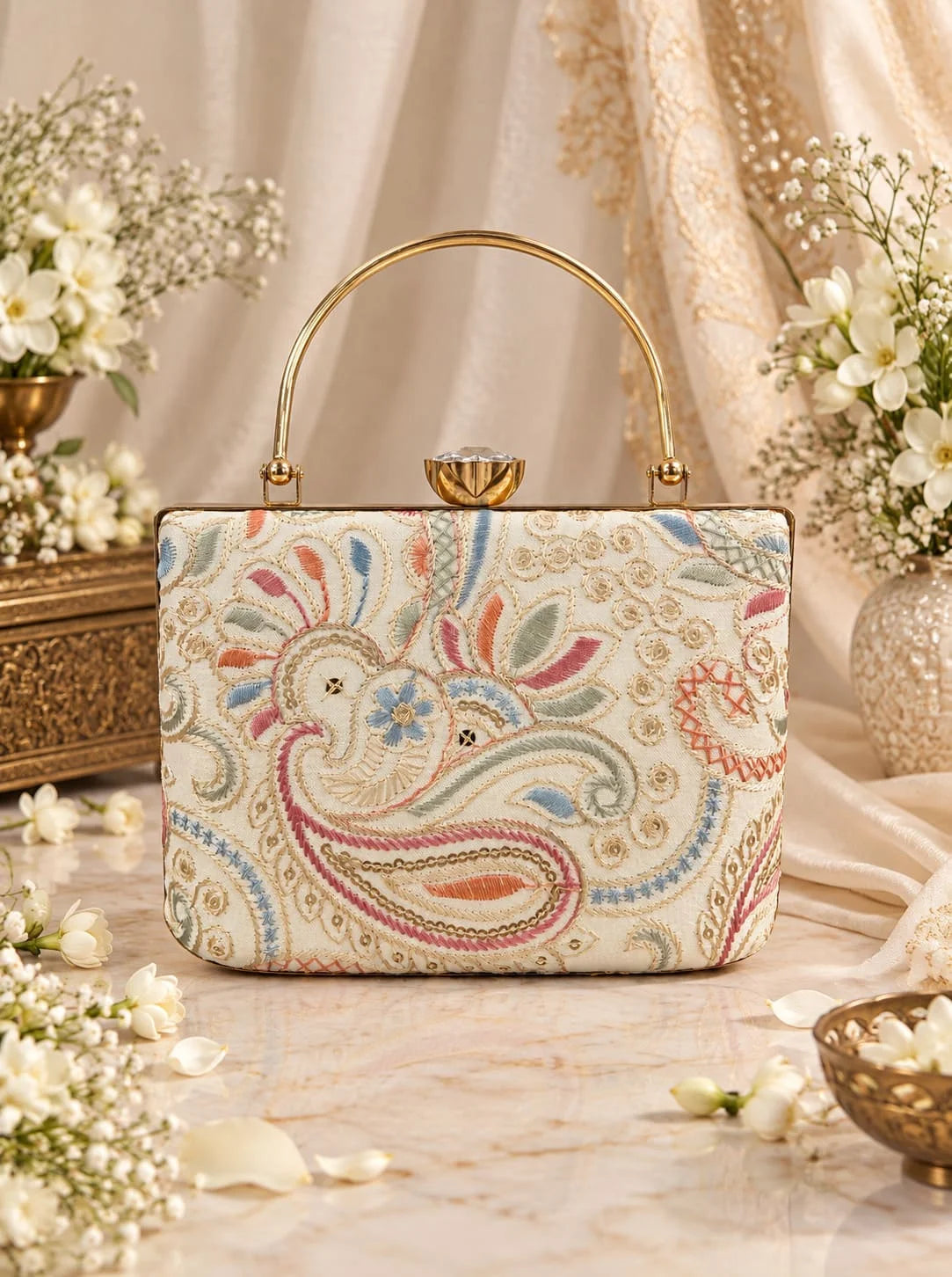 Kalki Casket embroidered clutch by THE TAN CLAN featuring intricate embroidery and a compact, elegant design.