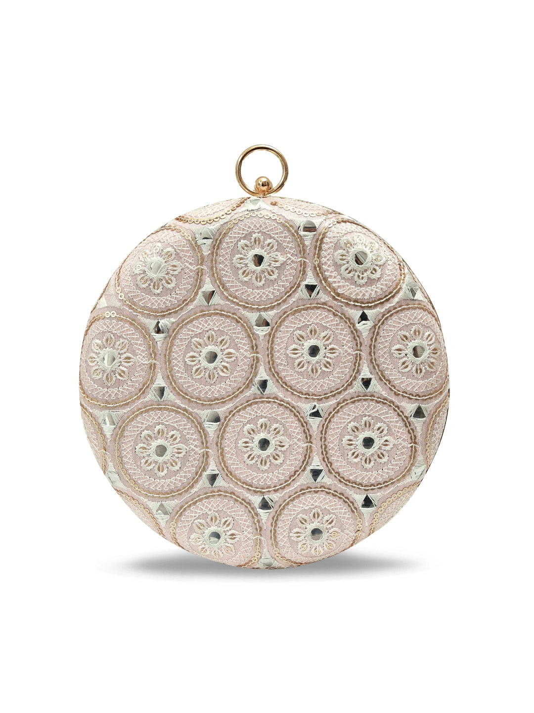 Inaara Peach round clutch bag by The Tan Clan with a smooth, glossy finish and compact design for elegant accessories.