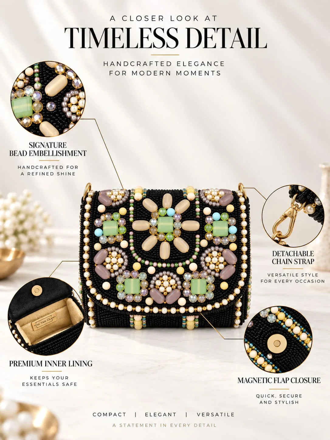 Basra Black Hand Embroidered Mini Flap bag by THE TAN CLAN featuring intricate embroidery and compact design.