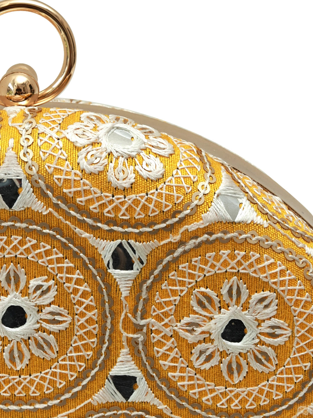 Yellow round clutch bag from The Tan Clan's Inaara collection, featuring a sleek design and vibrant color for stylish occasions.