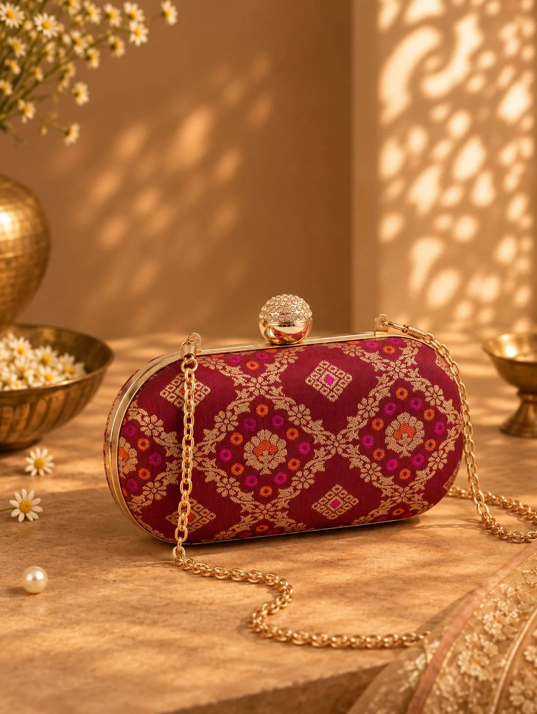 Red oval clutch bag from THE TAN CLAN with a sleek, minimalist design and polished finish.