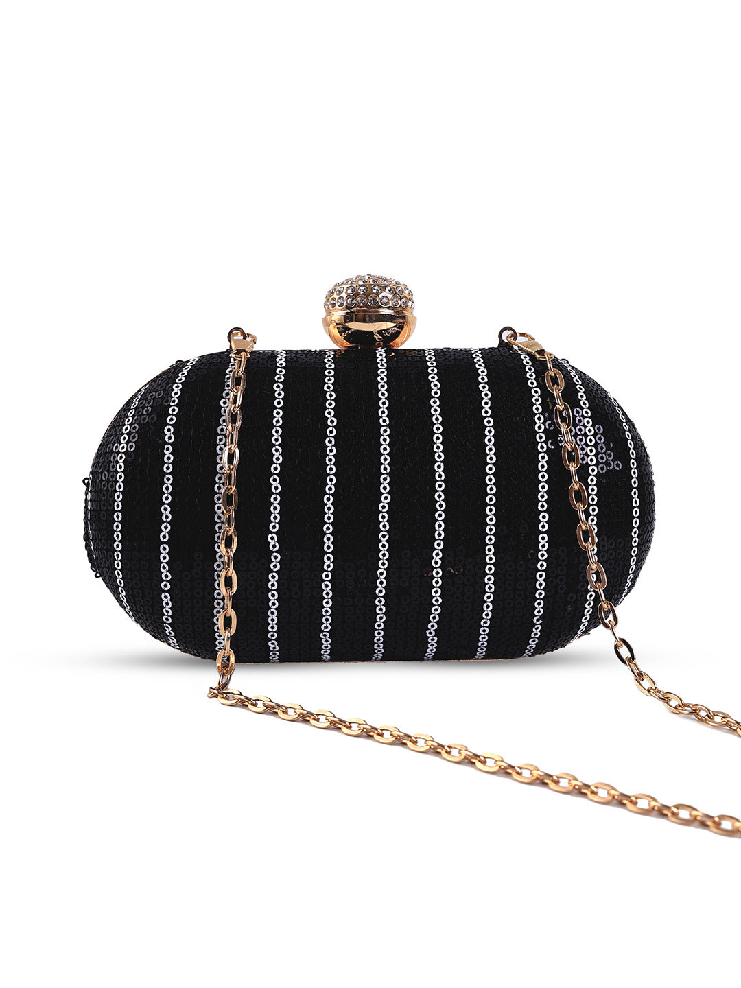 Glow Black Sequins Oval Clutch by The Tan Clan featuring shiny sequin design and compact oval shape.