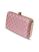 Pink box clutch bag by The Tan Clan with a classic design, featuring a smooth surface and elegant style for evening occasions.