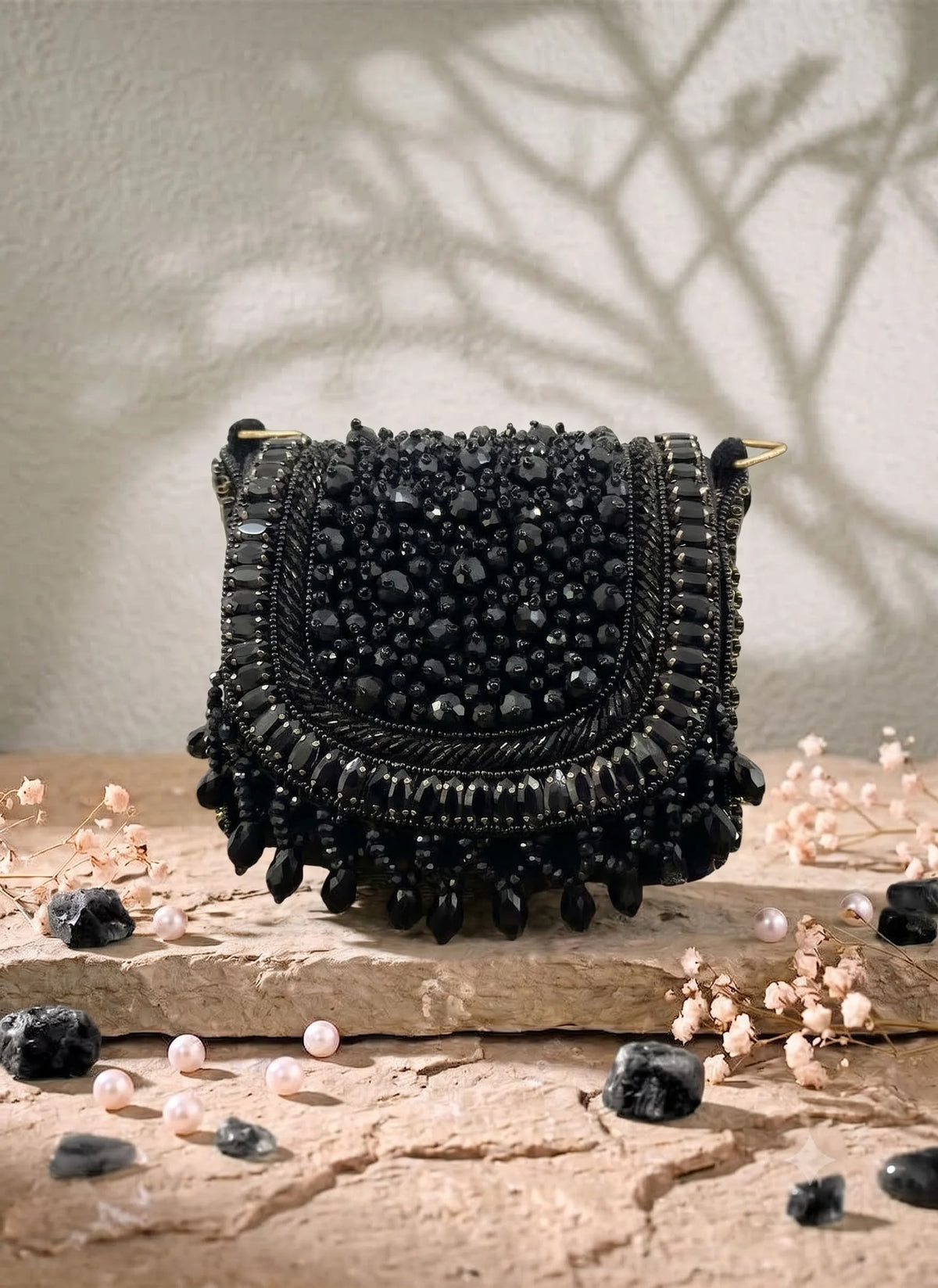Zeenat black beaded mini flap bag by THE TAN CLAN with intricate beaded detailing and a compact design.