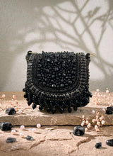 Zeenat black beaded mini flap bag by THE TAN CLAN with intricate beaded detailing and a compact design.