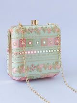 Phulwaari floral box clutch by The Tan Clan featuring vibrant floral embroidery and a sleek, compact design.