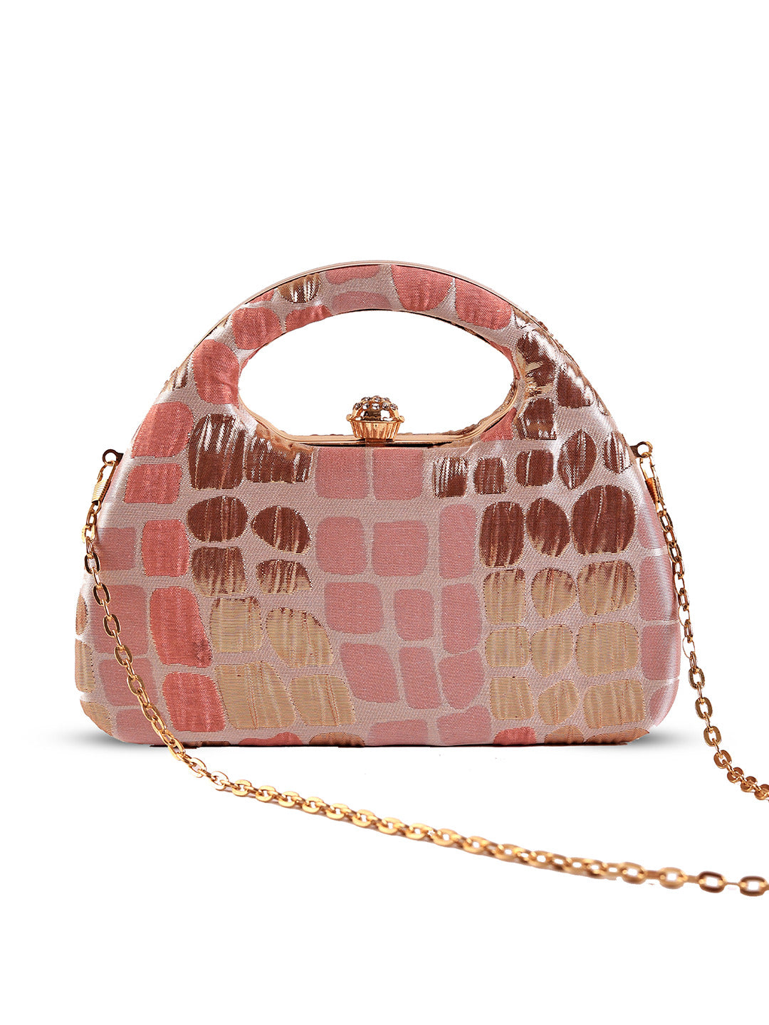 Coral Arc Peach Clutch by The Tan Clan featuring a sleek, curved design and elegant peach color with gold-tone accents.