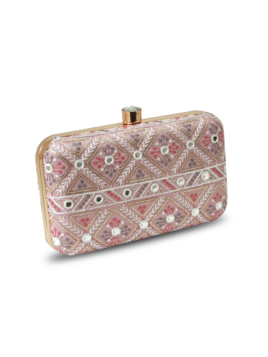 Pink box clutch by The Tan Clan with gold clasp and structured design, perfect for elegant evening outings.