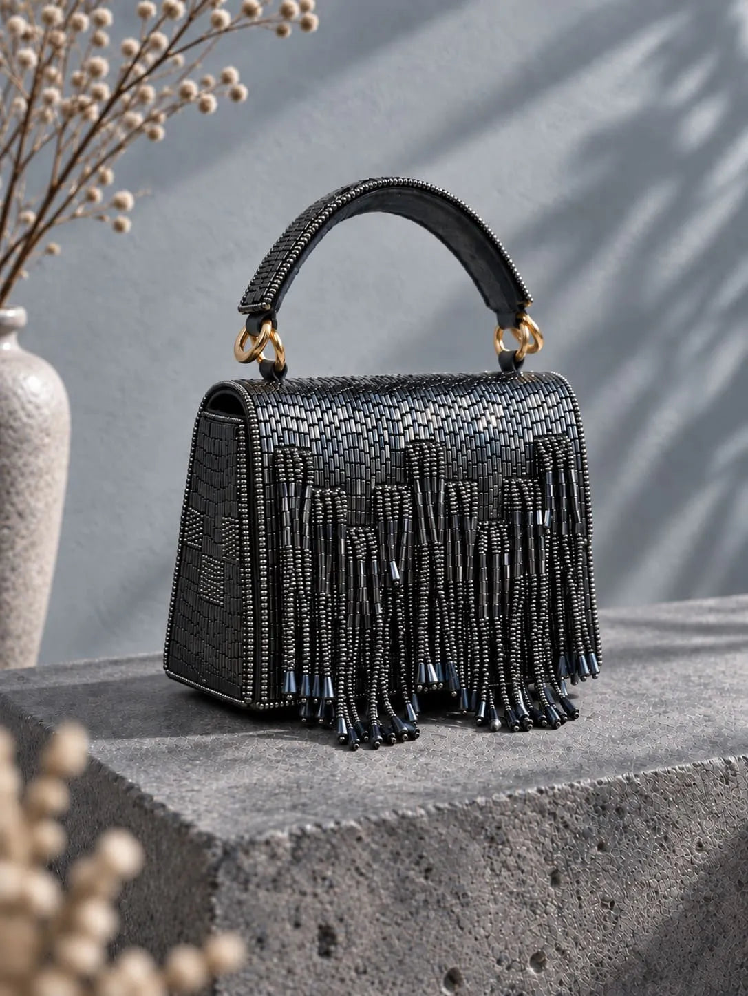Maria Blue handcrafted beaded tasselled bag by THE TAN CLAN with intricate beadwork and tassel details, stylish and vibrant.
