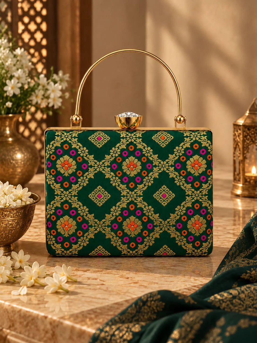 Dark green Mahi casket clutch bag from THE TAN CLAN with a sleek, structured design and elegant finish.