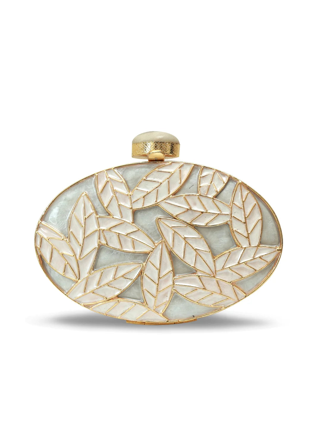 Elegant clutch with leaf pattern and gold accents on a white background