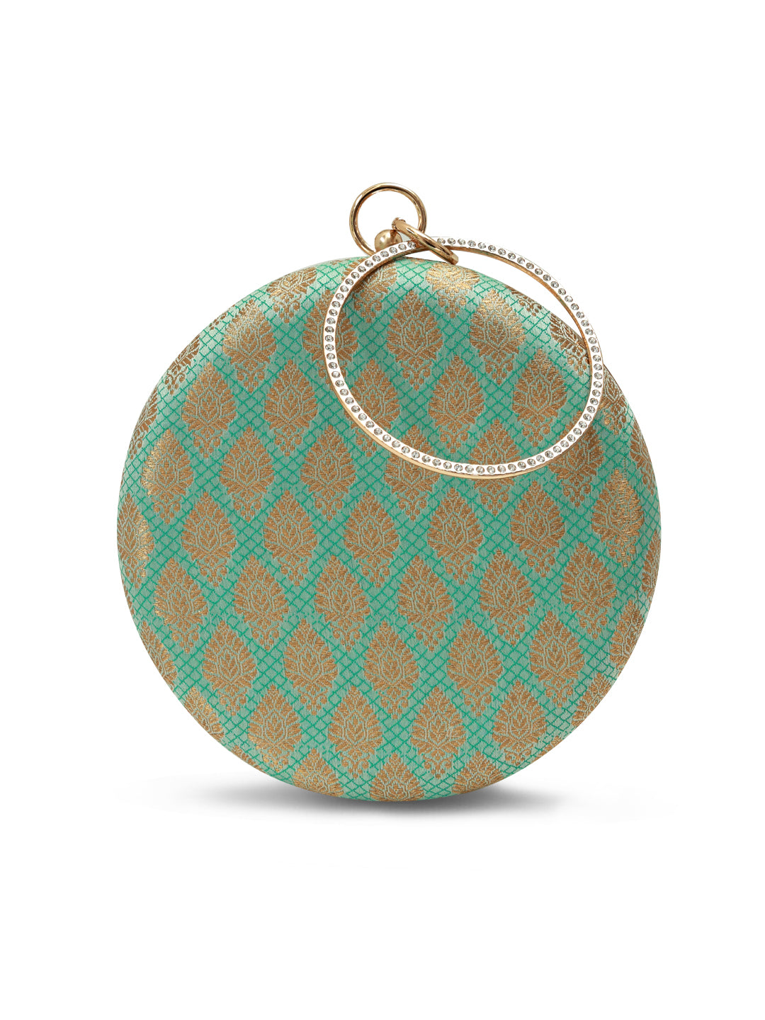 Classic green round clutch bag by The Tan Clan, featuring a smooth leather surface and a gold clasp closure.