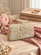 Resham capsule embroidered clutch bag by THE TAN CLAN featuring intricate embroidery and compact design.
