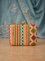 Multicolor Satrang casket clutch bag by THE TAN CLAN with intricate embroidery and metallic accents, elegant evening accessory.