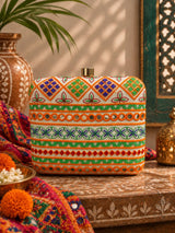 Colorful Satrang multicolor square clutch bag by THE TAN CLAN with geometric pattern and zip closure.