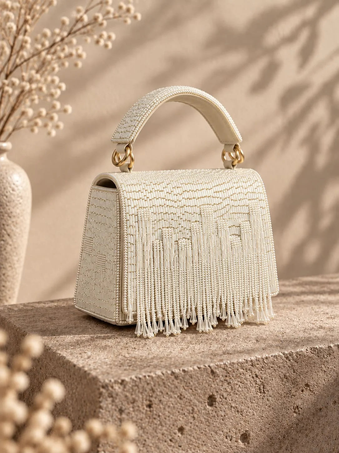 Maria white handcrafted beaded tasselled bag with intricate detailing and fringe, by THE TAN CLAN.